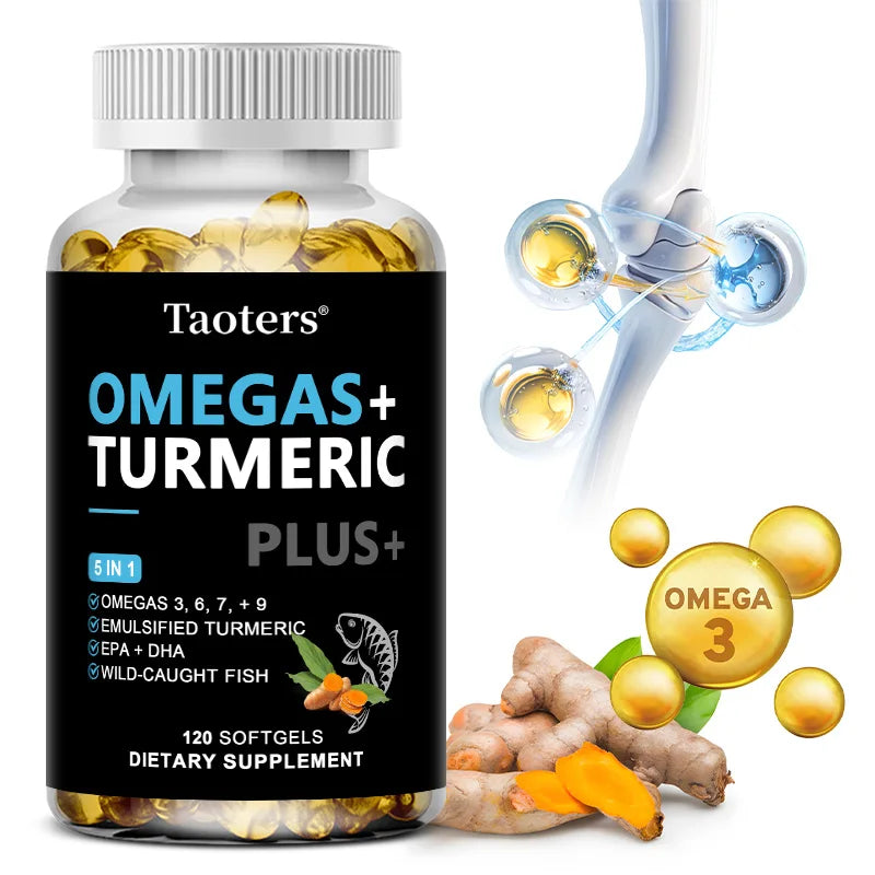 Oméga + Curcuma, 120 Gélules - Huile de Poisson (EPA & DHA) Oméga 3-6-7-9 avec Curcuma - Soutient la Santé des Articulations, du Cerveau et du Cœur