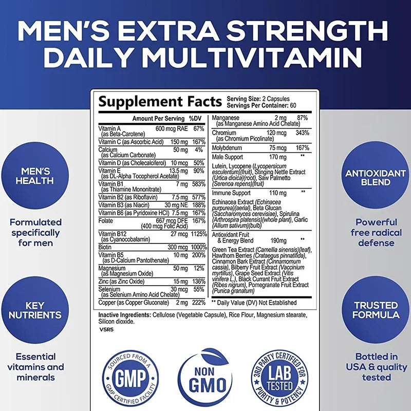 Complément Multivitaminé Quotidien pour Hommes - Améliore la Santé Cérébrale Cognitive, l'Énergie et l'Endurance, et la Masse Musculaire