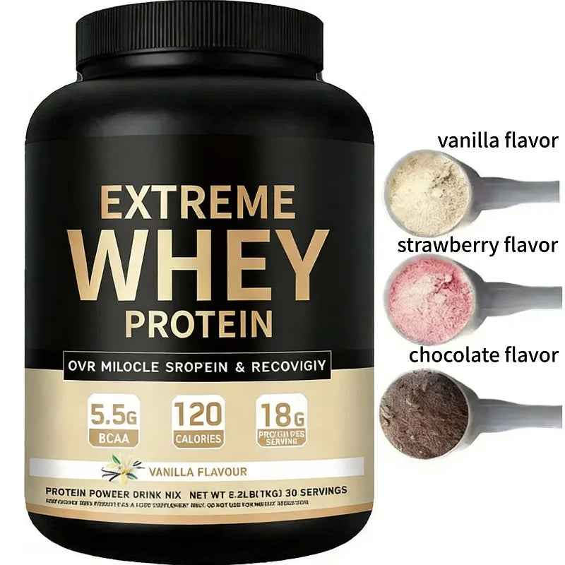 Vanilla whey protein muscle powder 30 serving tank showing 5.5g BCAA content.
