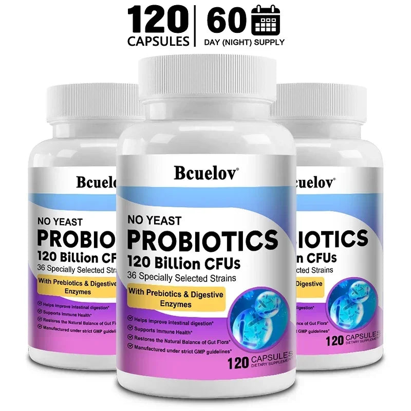 Probiotiques pour la santé digestive 120 milliards d'UFC Prébiotiques et enzymes digestives Supplément probiotique pour adultes, favorise la santé intestinale