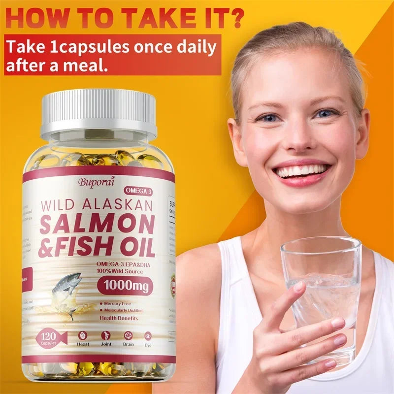 Wild alaskan salmon fish oil capsules for heart, brain, and skin vitality support.