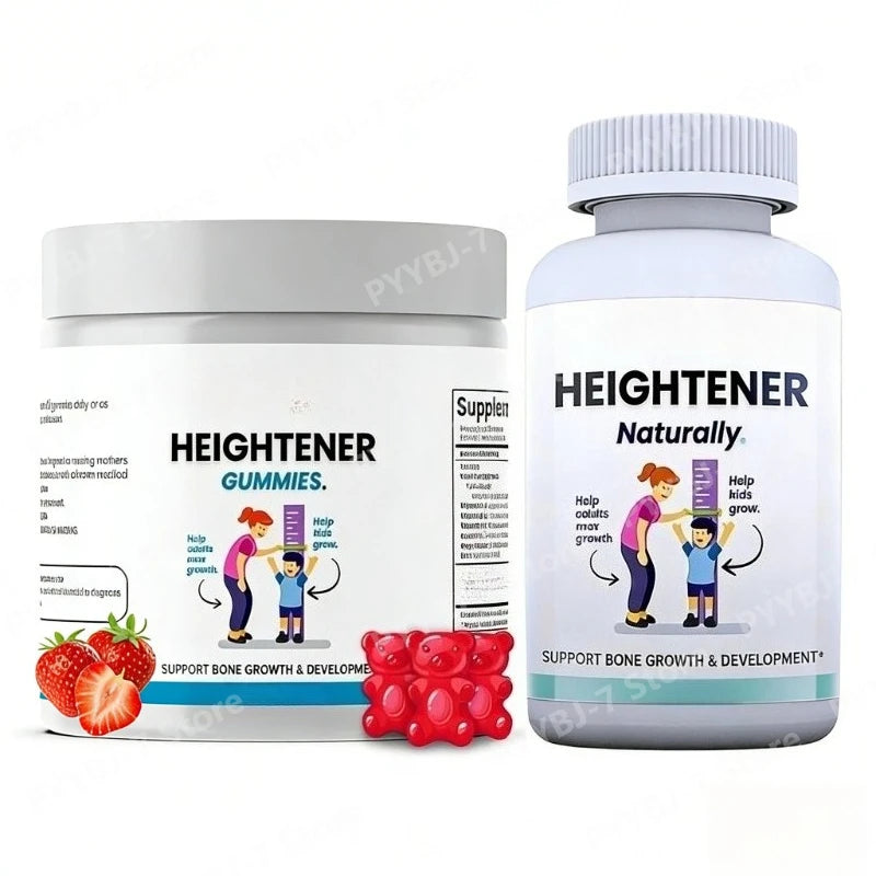 Height growth gummies for kids and adults bottle showing natural growth maximization.