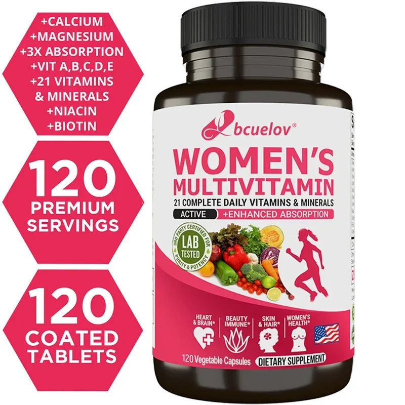 Women’s multivitamin with biotin bottle showing 120 premium servings.