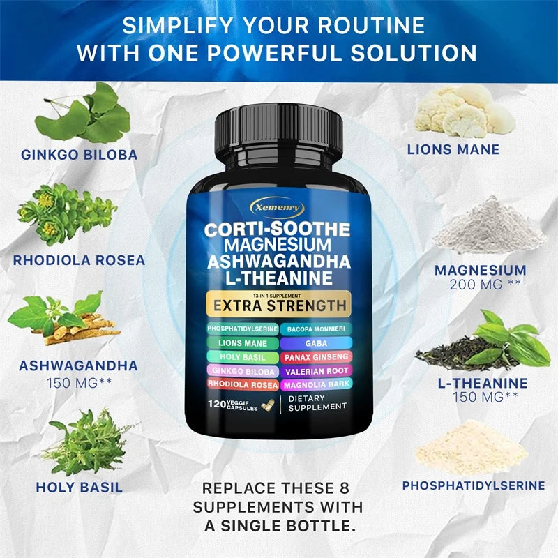 Corti-Soothe Complément de Cortisol avec Magnésium, Ashwagandha, L-Théanine - Gérer le Stress, Maintenir le Calme & Soutenir la Santé des Glandes Surrénales