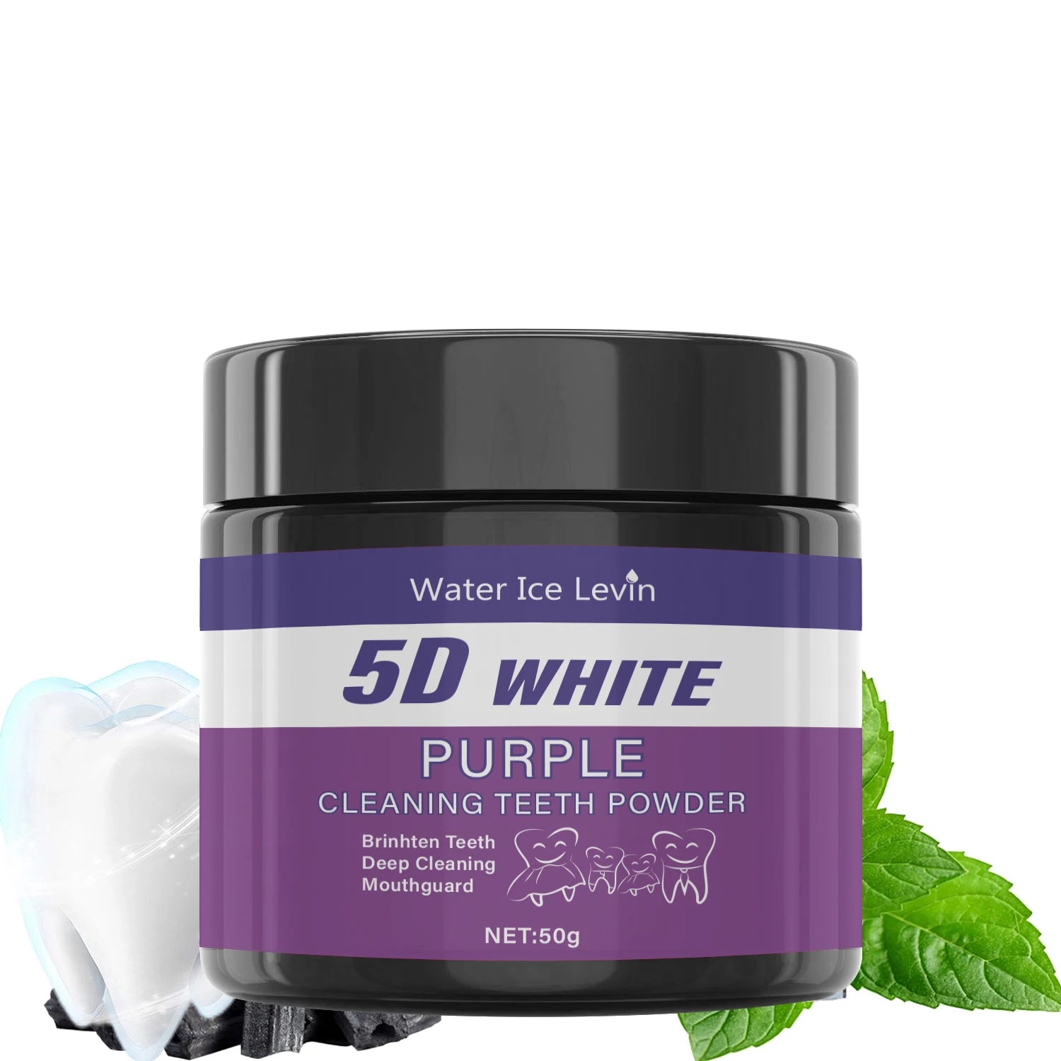 Purple Teeth Whitening Powder by Water Ice Levin in a 50g container with mint and tooth illustration.