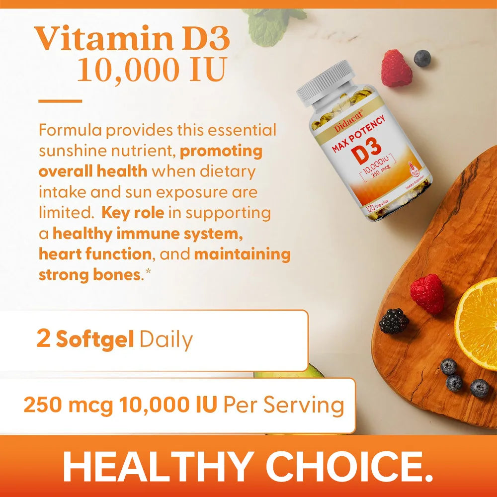 Vitamine D3 10 000 UI (250 µg), Soutient la santé immunitaire, l'absorption du calcium, la fonction musculaire et la solidité des os, Complément alimentaire