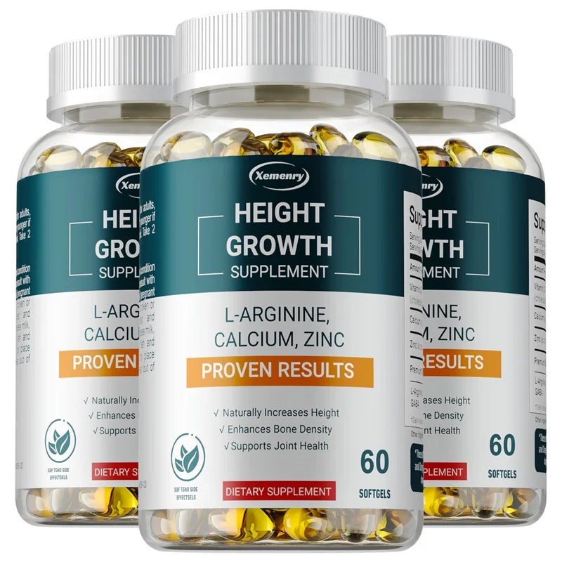 Height growth supplement with l-arginine 60/100 softgels bottle for peak height support.