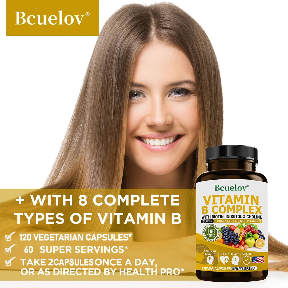 Complexe de Vitamines B - B1 B2 B3 B5 B6 B7 B9 B12 Biotine Choline Niacine - Cerveau, Peau, Cheveux, Système Nerveux, Immunité, Métabolisme