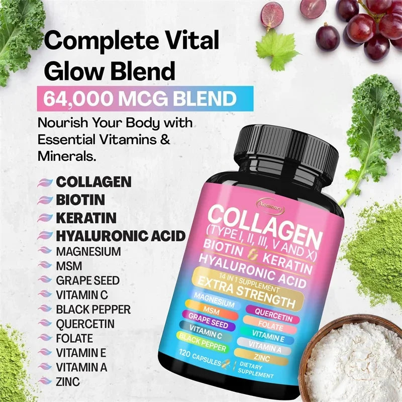 Complément de collagène - Soutient les soins de la peau, les ongles, les cheveux, les antioxydants et le système immunitaire