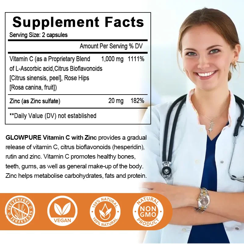 Vitamine C et Zinc pour le soutien immunitaire et antioxydant - Favorise le métabolisme, le blanchiment de la peau et l'anti-âge