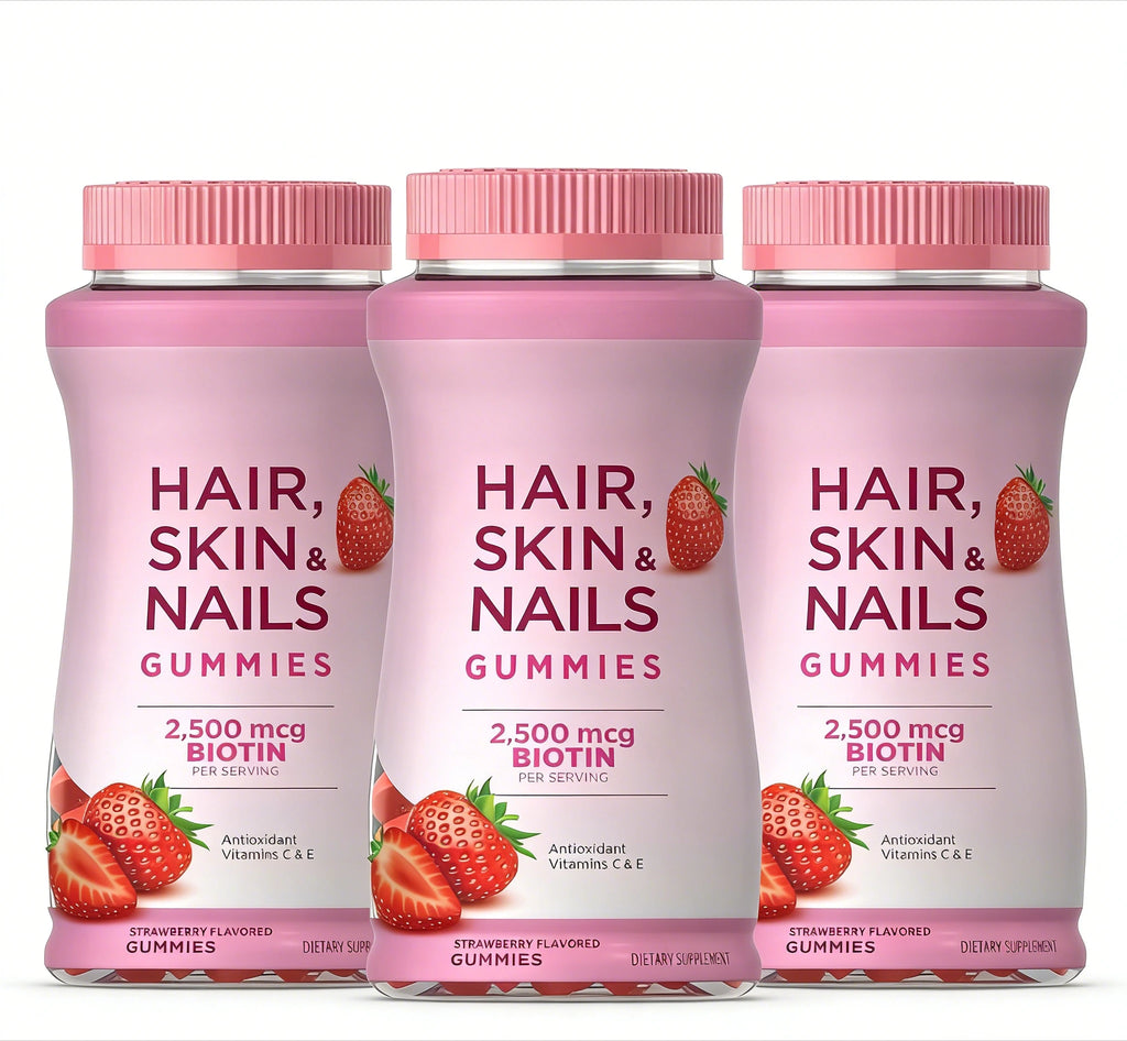 Gummies vitaminées Cheveux, Peau & Ongles avec biotine, 2500 Mcg, Fraise, 60 unités, Aliment santé