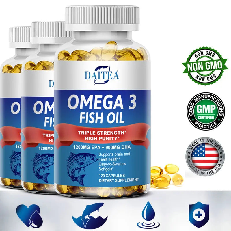 Huile de poisson Oméga 3 Triple Concentration Daitea - Complément d'huile de poisson avec acides gras EPA et DHA Premium Sauvage, 30/60/120 Capsules