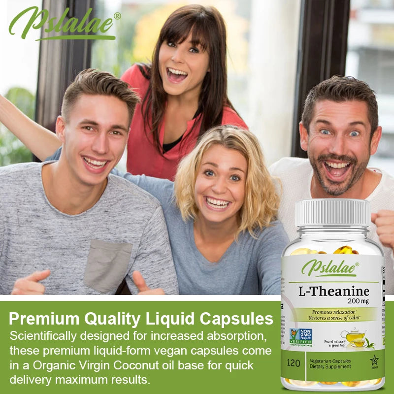 Gélules de L-Théanine 200 mg, 120 Suppléments Végétariens Soulage le Stress Soutient une Humeur Saine et Améliore la Concentration