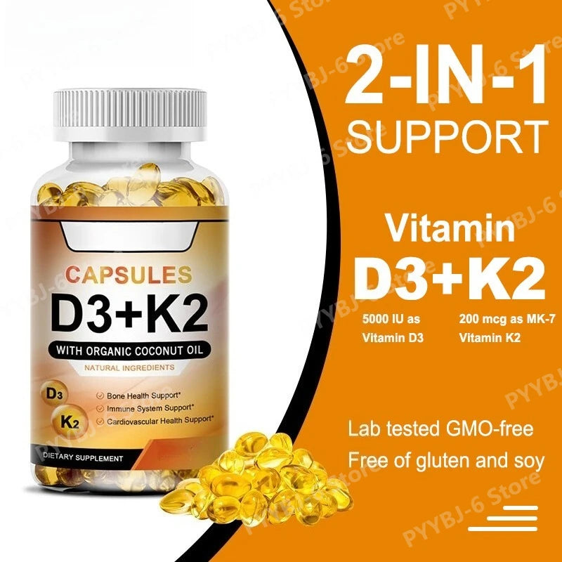 Vitamin D3 K2 with coconut oil capsules showing the 2-in-1 formula for bone and heart.