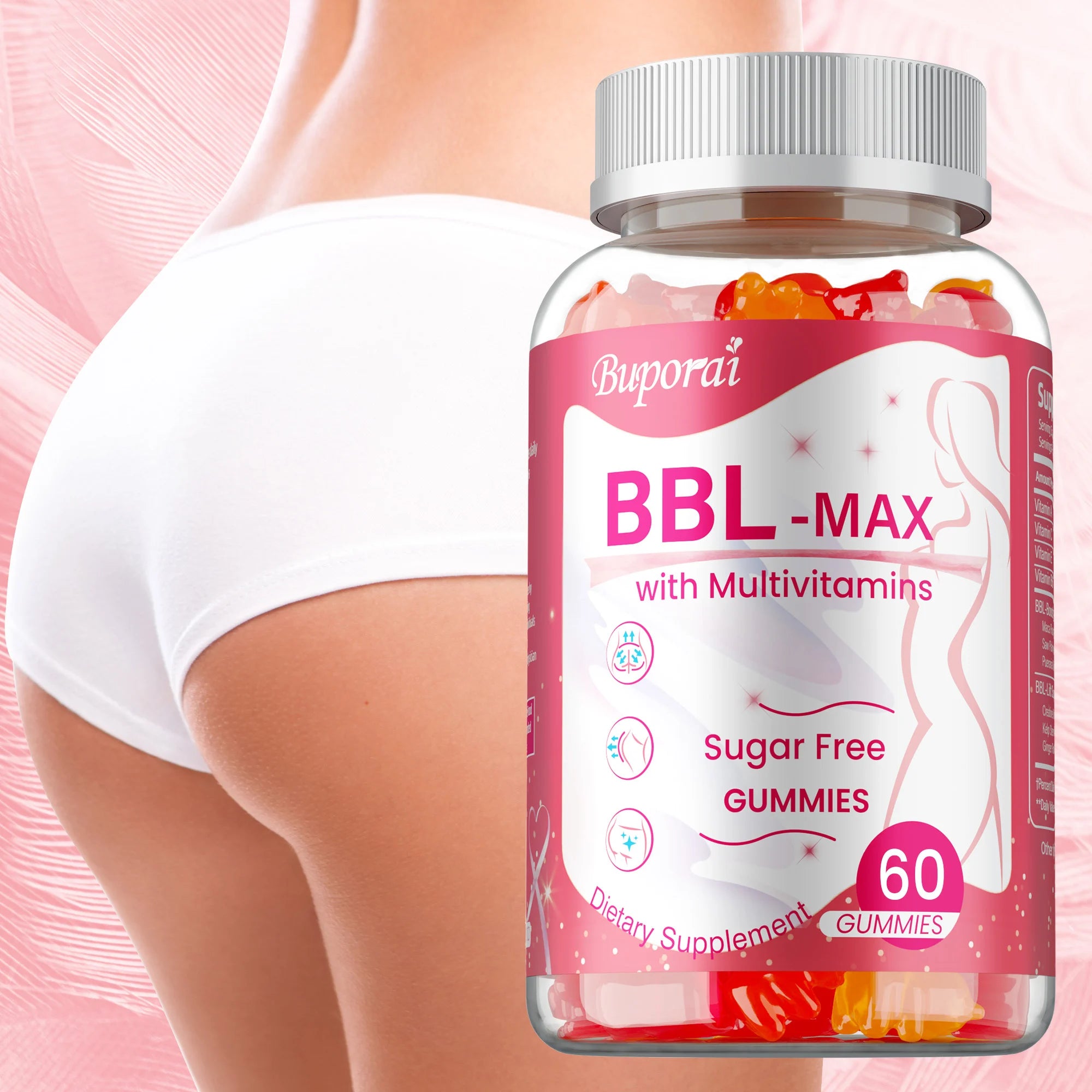 Gummies BBL MAX – Aide à soulever et maintenir la forme du corps, soulève et raffermit, façonne les fesses – 60 gélules