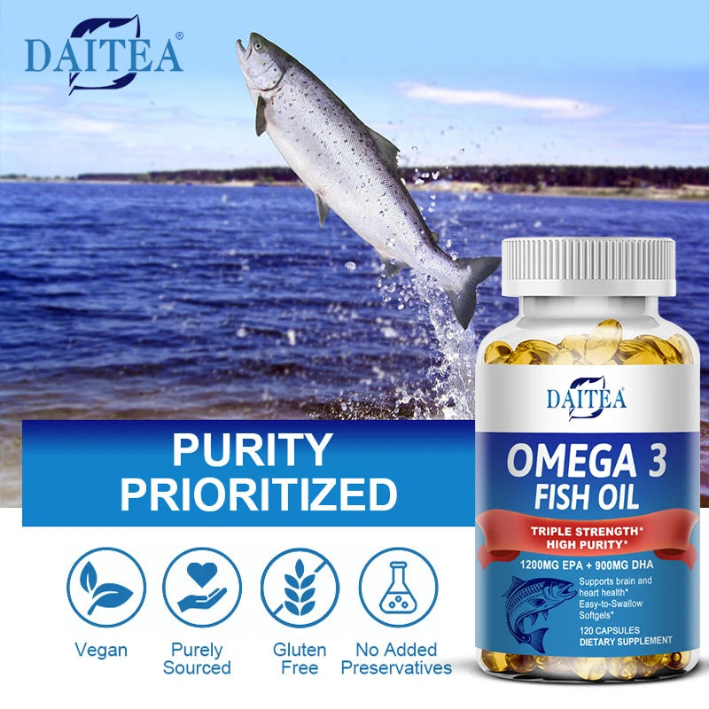 Huile de poisson Oméga 3 Triple Concentration Daitea - Complément d'huile de poisson avec acides gras EPA et DHA Premium Sauvage, 30/60/120 Capsules