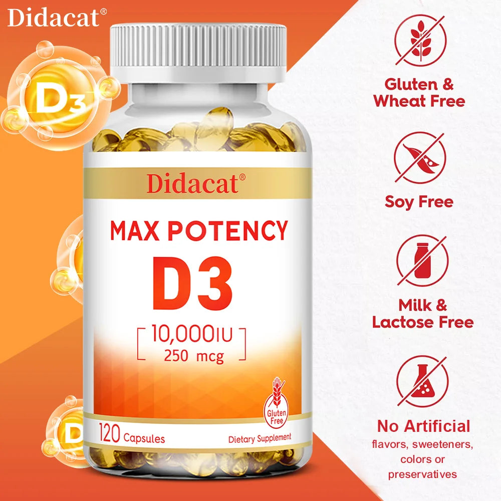 Vitamine D3 10 000 UI (250 µg), Soutient la santé immunitaire, l'absorption du calcium, la fonction musculaire et la solidité des os, Complément alimentaire