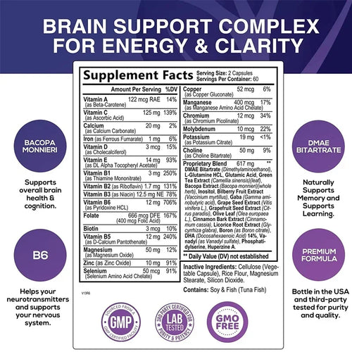 Complément Nootropique Cerveau & Concentration - Améliore la Mémoire, la Concentration Mentale, la Fonction Cognitive, pour la Santé du Cerveau et du Cœur