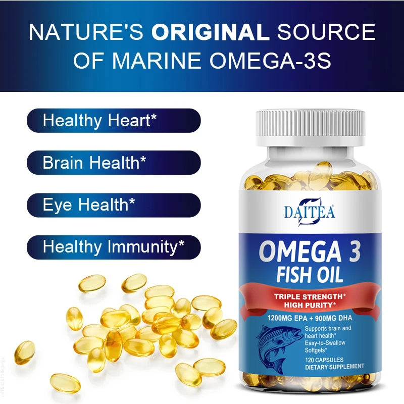Huile de poisson Oméga 3 Triple Concentration Daitea - Complément d'huile de poisson avec acides gras EPA et DHA Premium Sauvage, 30/60/120 Capsules