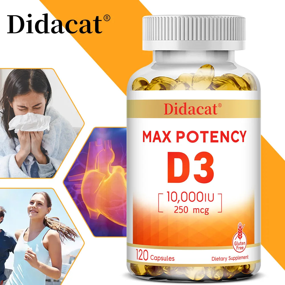 Vitamine D3 10 000 UI (250 µg), Soutient la santé immunitaire, l'absorption du calcium, la fonction musculaire et la solidité des os, Complément alimentaire