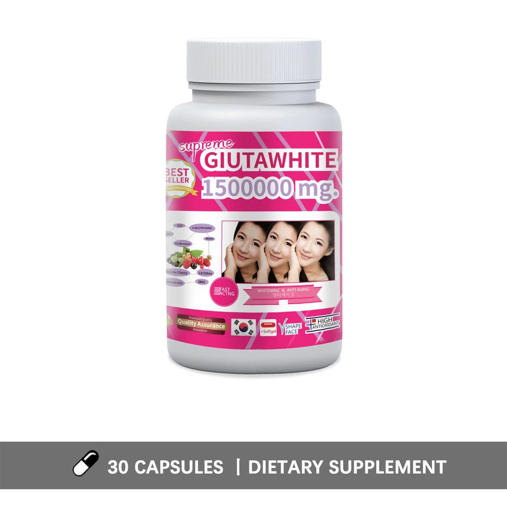 GLUTA WHITE 1500000MG Glutathion Complément Éclaircissant Anti-âge, Protection UV, Unification du Teint et des Cicatrices 30 Gélules Molles