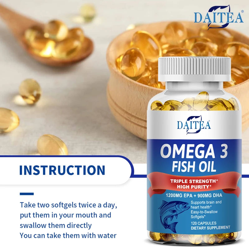 Huile de poisson Oméga 3 Triple Concentration Daitea - Complément d'huile de poisson avec acides gras EPA et DHA Premium Sauvage, 30/60/120 Capsules