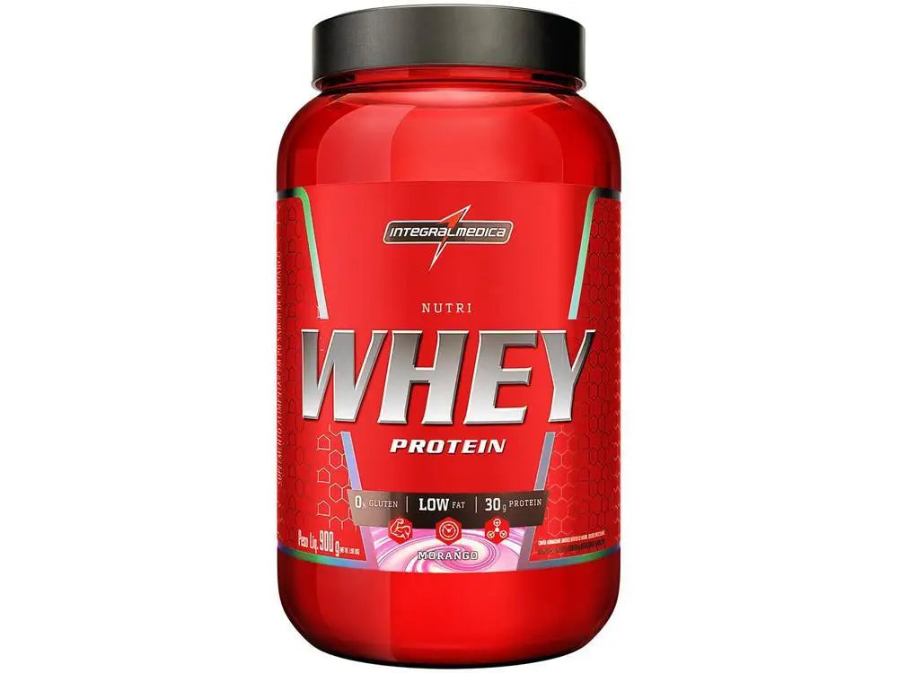 Hypercaloric Whey Protein Powder 900g by Integralmedica in red packaging, Nutri Whey Strawberry flavor.
