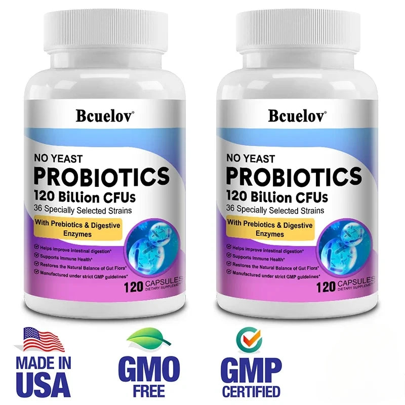 Probiotiques 120 Milliards UFC 36 Souches Contient des Prébiotiques et des Enzymes Digestives pour la Digestion et le Soutien Immunitaire Vegan, Sans OGM