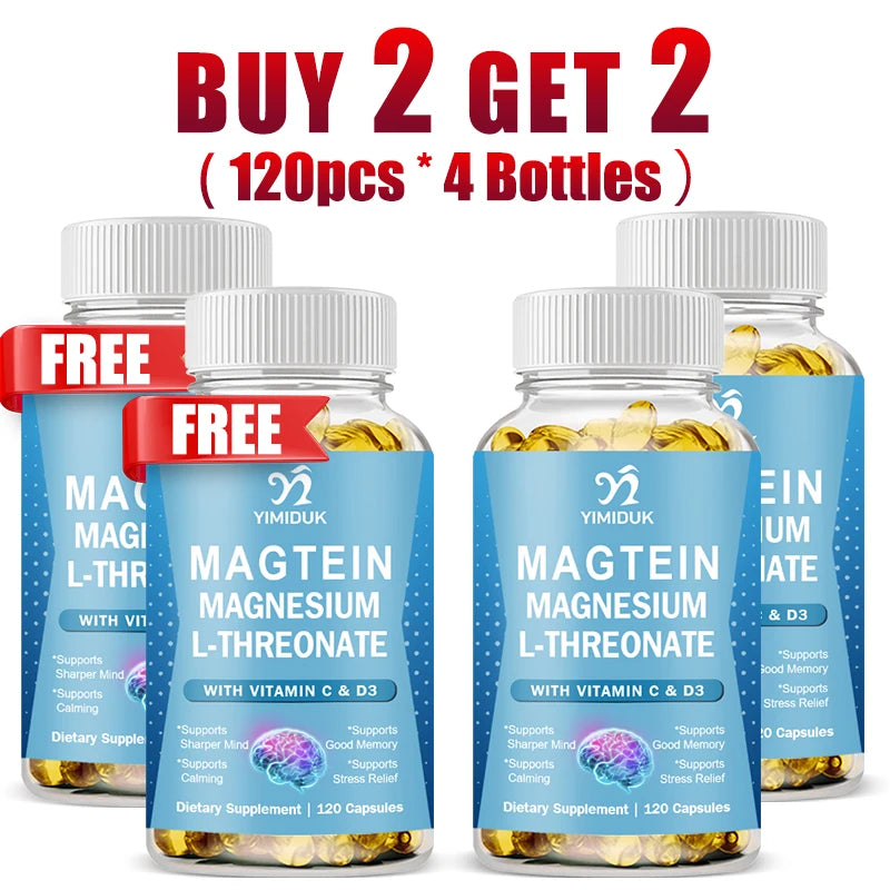Magnesium L-Threonate Supplement, with Vitamin C, Vitamin D3, Support Stress Relief, Sharper Mind, Brain Health, Gluten-Free