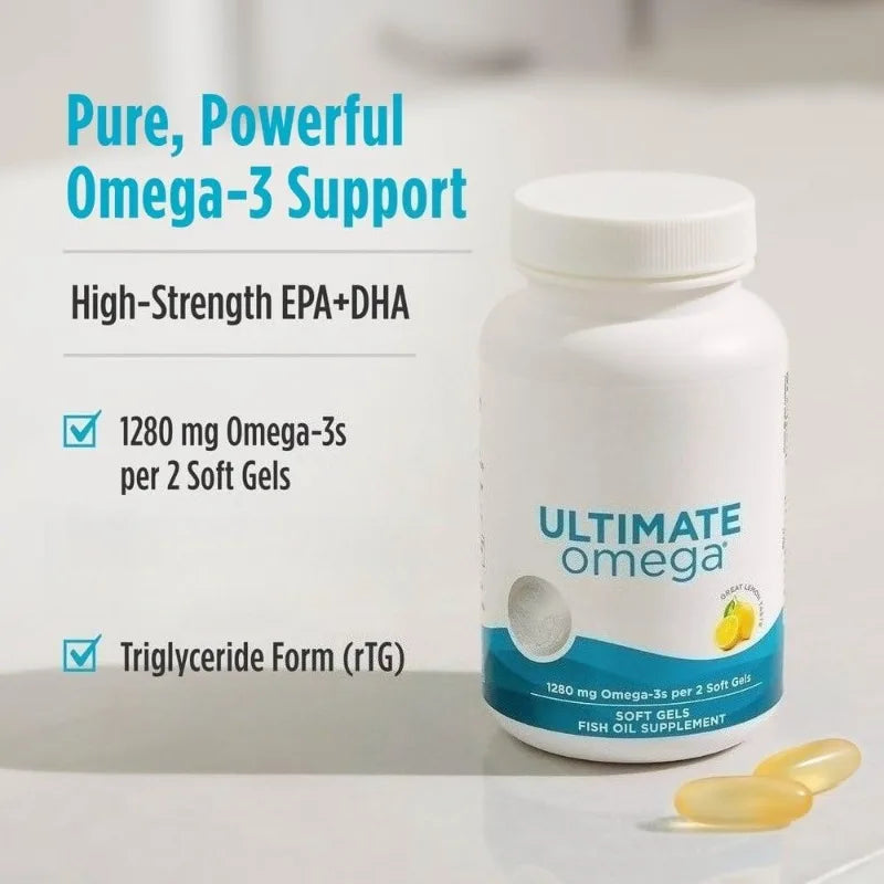 Ultimate Omega fish oil soft gels bottle and box showing 1280mg Omega-3.
