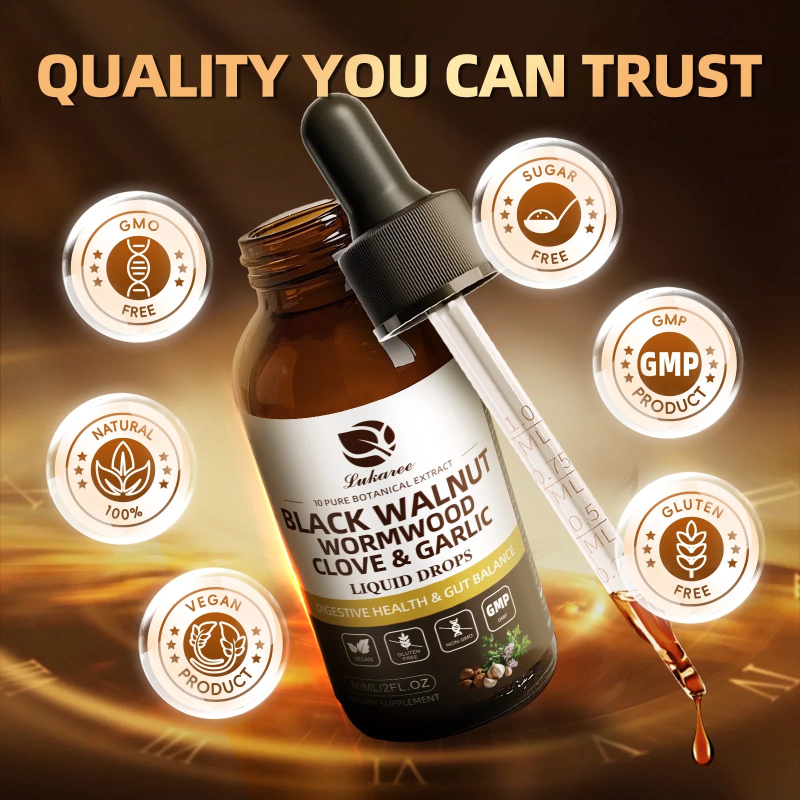Black walnut wormwood tincture vegan and non-GMO liquid formula for humans.