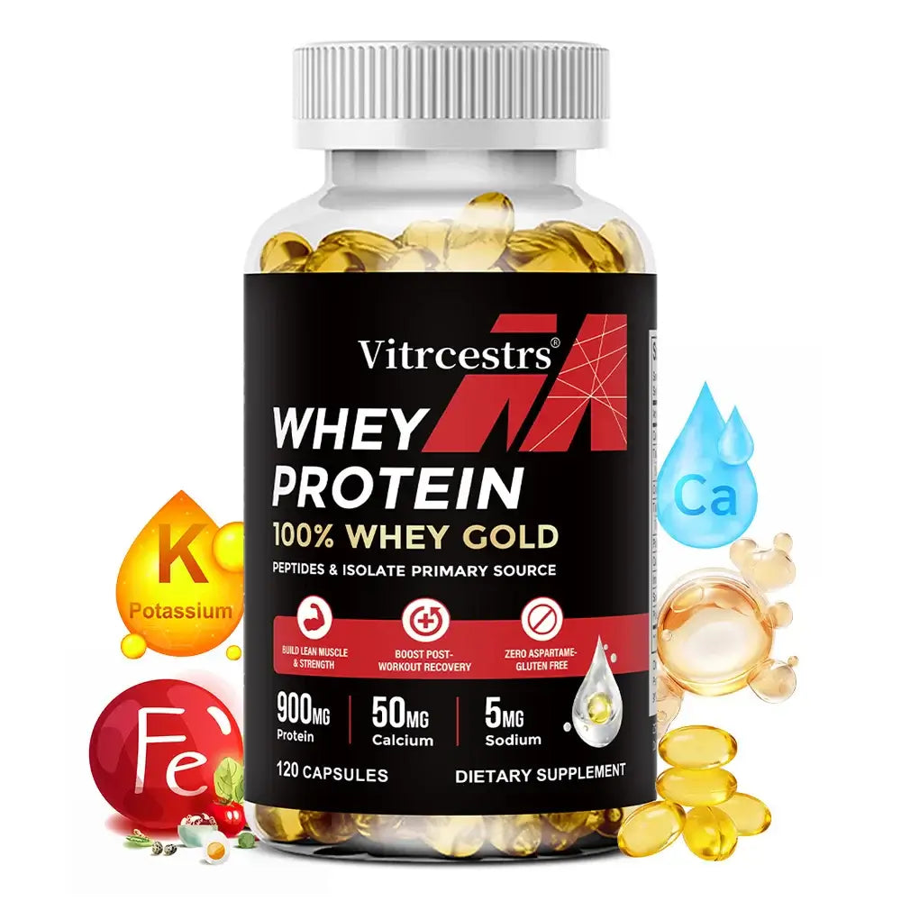 Concentrated whey protein capsules 120ct bottle supporting daily health and muscle vitality