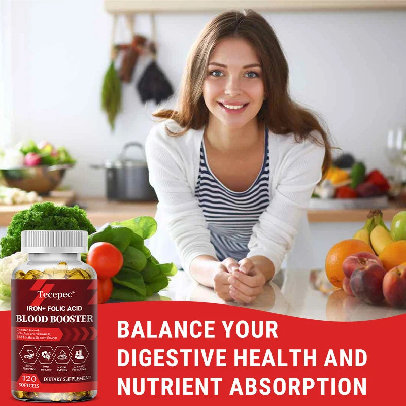 Supplément de fer et d'acide folique, avec vitamine C, B12 et zinc, fortifiant sanguin, soutien de la circulation et du système immunitaire
