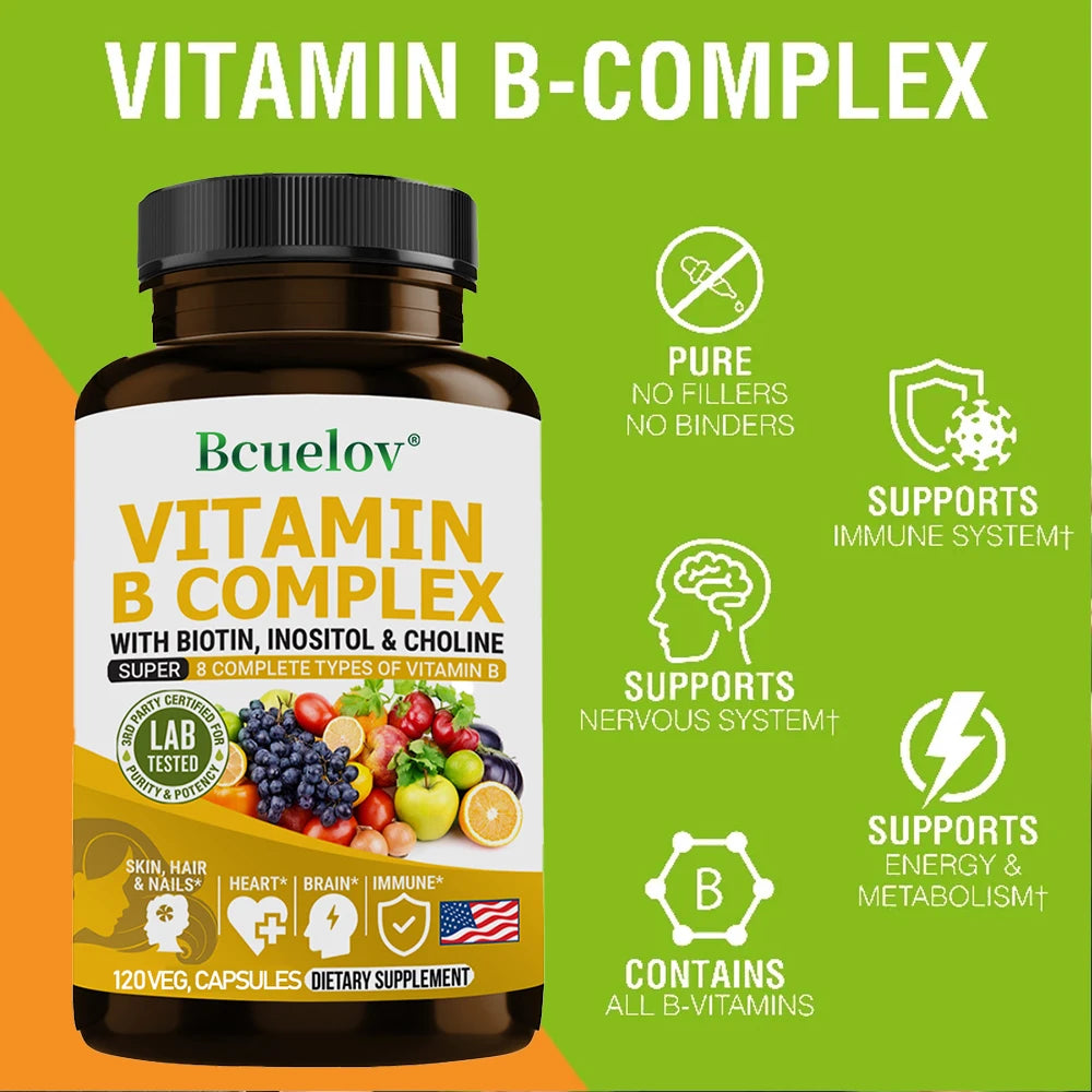 Complexe de Vitamines B - B1 B2 B3 B5 B6 B7 B9 B12 Biotine Choline Niacine - Cerveau, Peau, Cheveux, Système Nerveux, Immunité, Métabolisme