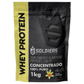 Imported whey protein concentrate packaging highlighting the 100% imported raw material.