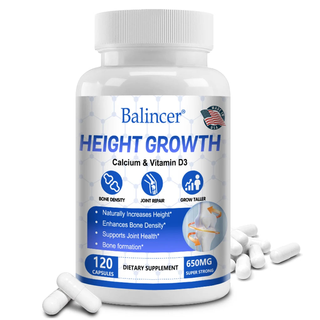 Natural height growth capsules with Calcium and Vitamin D3 for skeletal support.