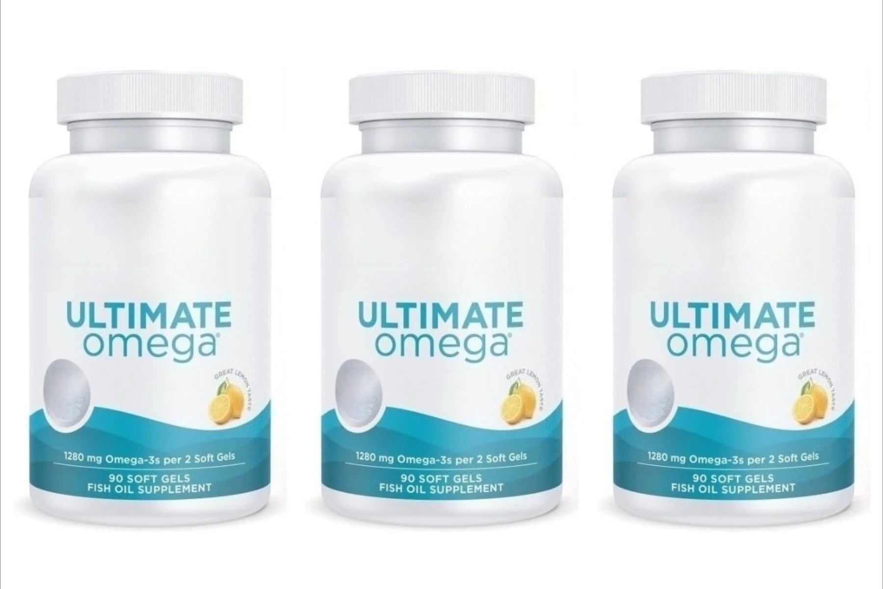 Ultimate Omega fish oil soft gels showing non-GMO verified and sustainable certification.