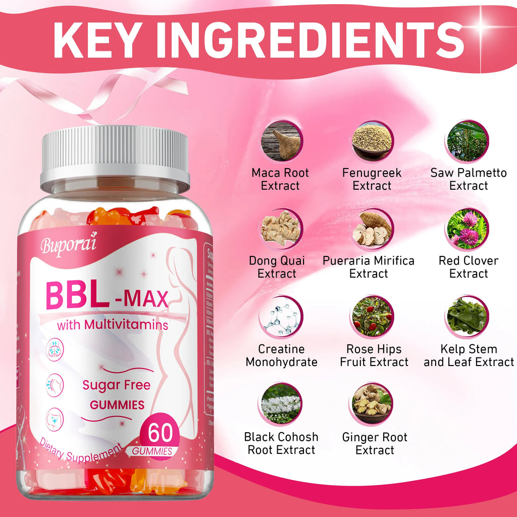 Gummies BBL MAX – Aide à soulever et maintenir la forme du corps, soulève et raffermit, façonne les fesses – 60 gélules