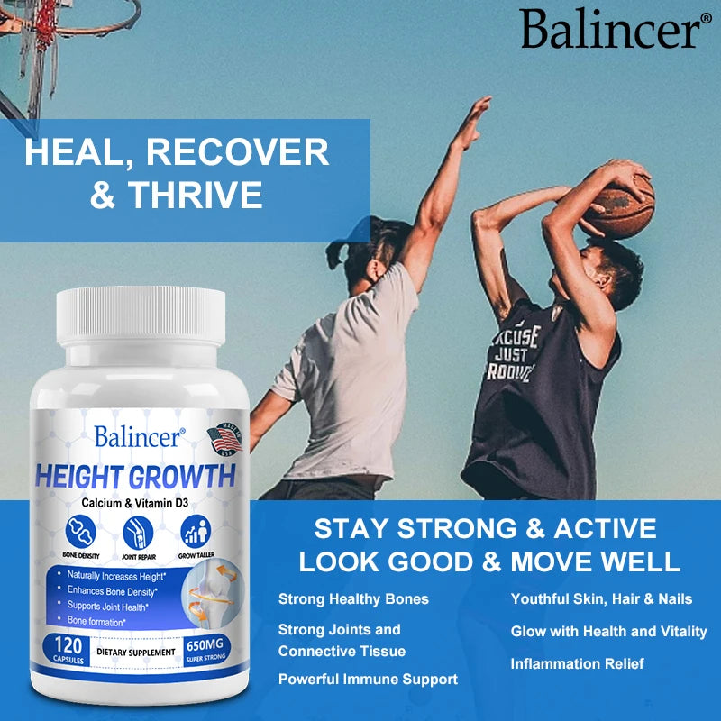 Natural height growth capsules for unisex daily nutrition and peak performance.
