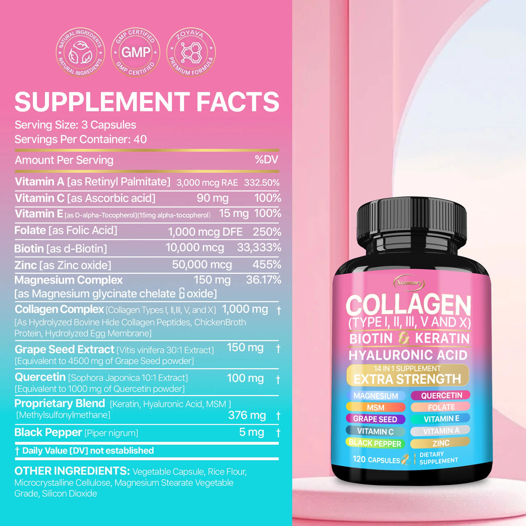 Complément de collagène - Soutient les soins de la peau, les ongles, les cheveux, les antioxydants et le système immunitaire