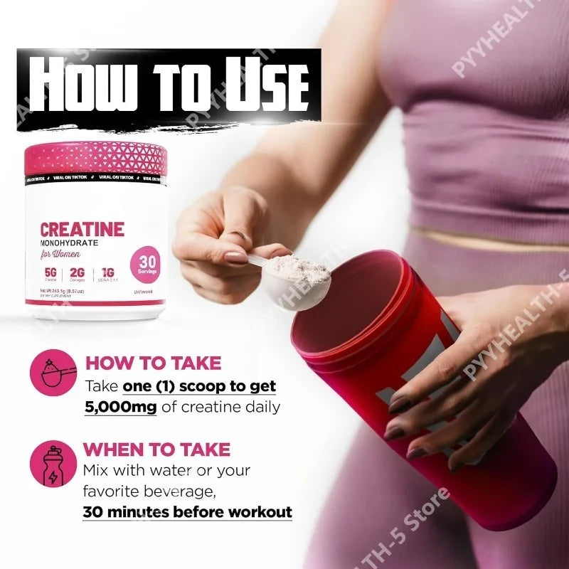 Créatine pour femmes - Supplément post-entraînement - 5000 mg de créatine, 2000 mg de collagène bovin hydrolysé pour la croissance musculaire maigre