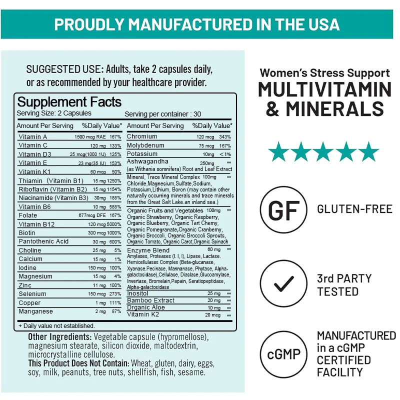 Multivitamines pour femmes, aliments entiers biologiques et minéraux naturels - Vitamines B, C, D3, K2 pour le stress, l'immunité, les cheveux, la peau et les ongles