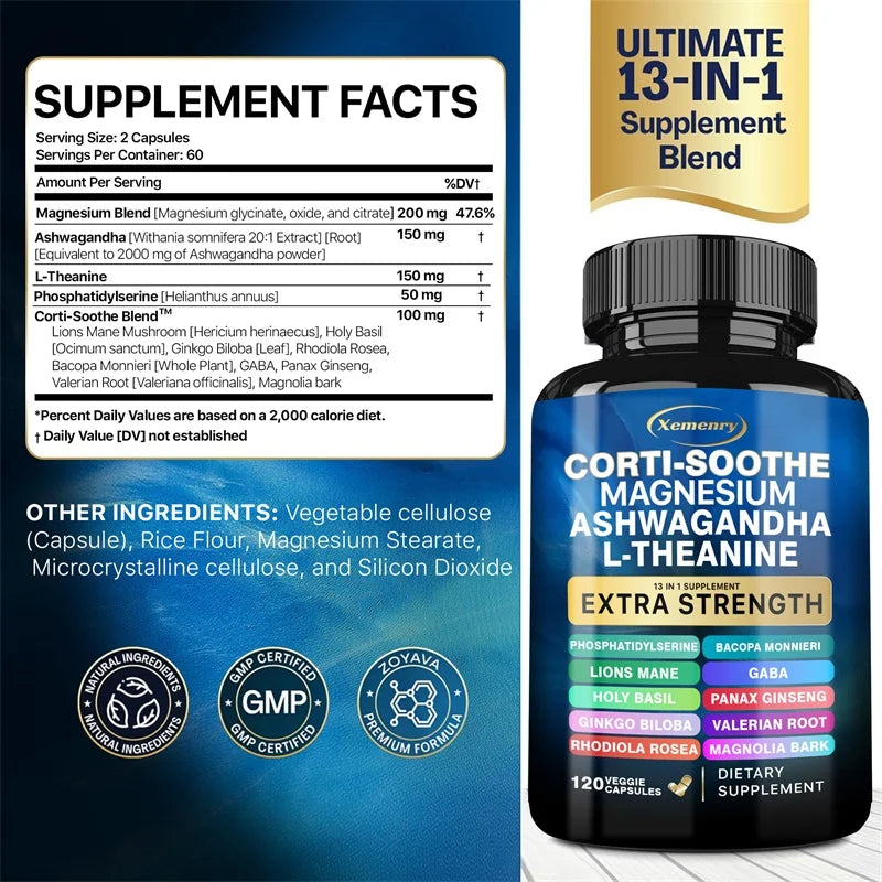 Corti-Soothe Complément de Cortisol avec Magnésium, Ashwagandha, L-Théanine - Gérer le Stress, Maintenir le Calme & Soutenir la Santé des Glandes Surrénales