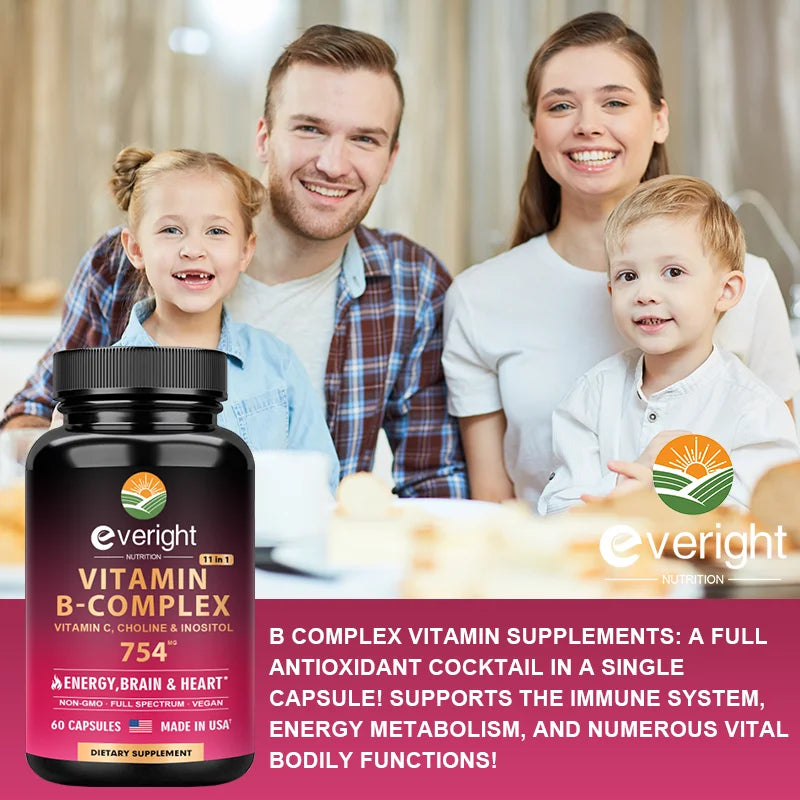 Complexe de vitamines B pour l'énergie et le soutien du cerveau et du cœur - avec B1, B2, B3, B5, B6, B7, B8, B9, B12 avec vitamine C, choline, inositol