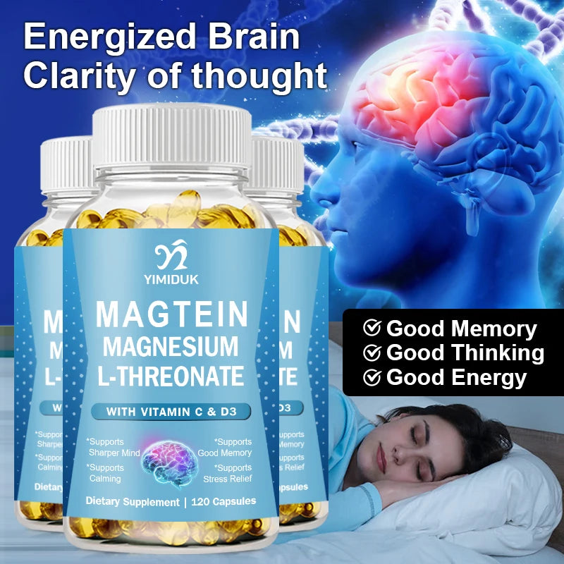 Complément de Magnésium L-Thréonate, avec Vitamine C, Vitamine D3, Soutien Anti-Stress, Acuité Mentale, Santé Cérébrale, Sans Gluten