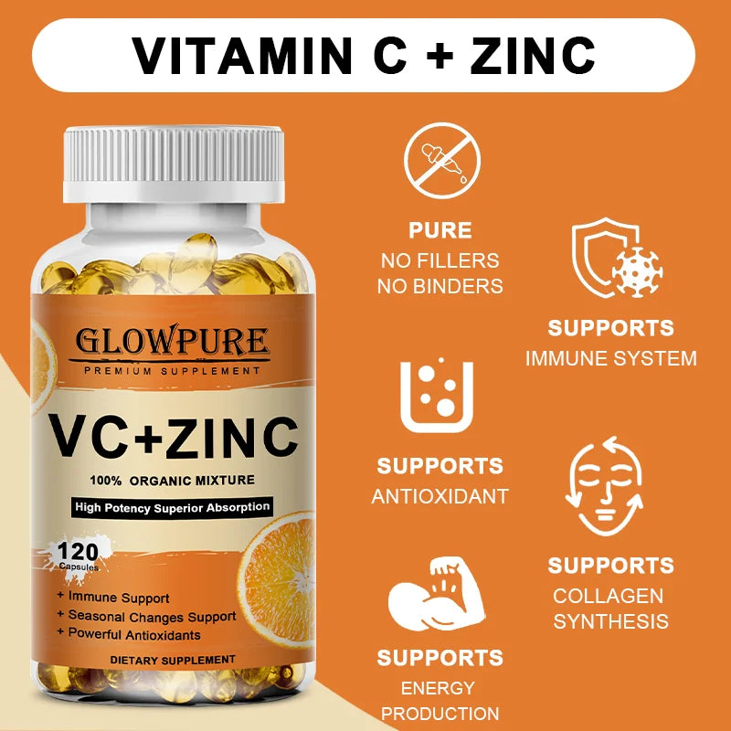 Vitamine C et Zinc pour le soutien immunitaire et antioxydant - Favorise le métabolisme, le blanchiment de la peau et l'anti-âge