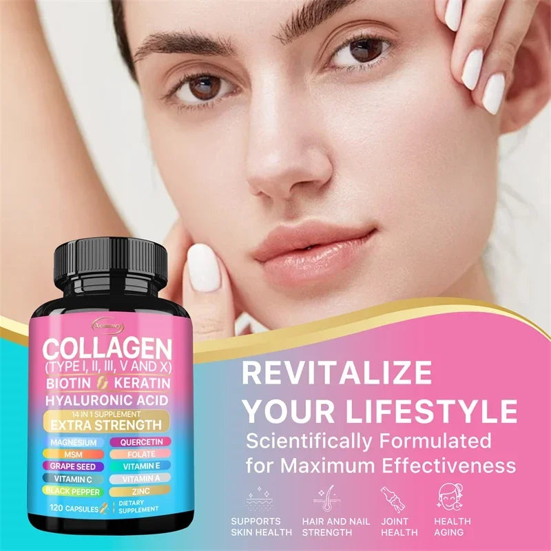 Complément de collagène - Soutient les soins de la peau, les ongles, les cheveux, les antioxydants et le système immunitaire