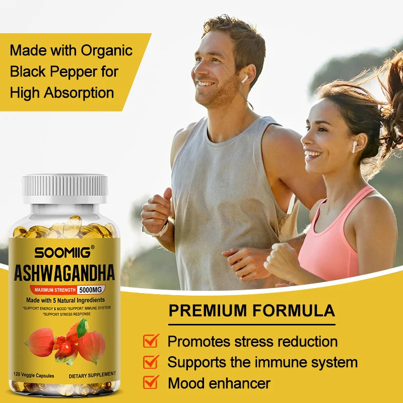 Ashwagandha Bio – Complément Soulagement du Stress & Soutien Immunitaire, Favorise des Niveaux d'Énergie Équilibrés, Capsules Végétaliennes SANS OGM