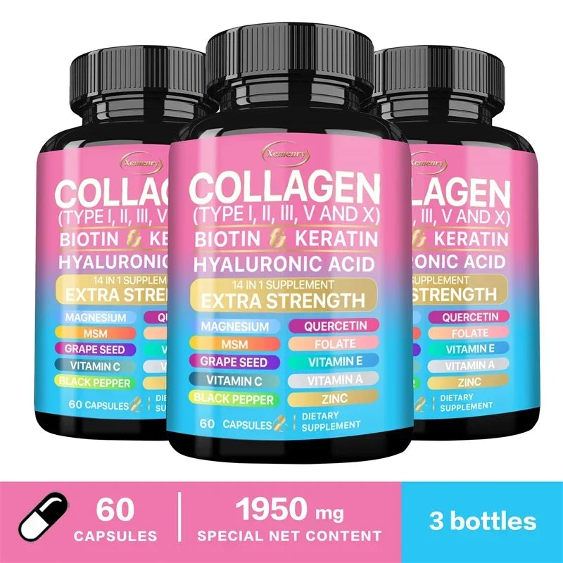 Complément de collagène - Soutient les soins de la peau, les ongles, les cheveux, les antioxydants et le système immunitaire