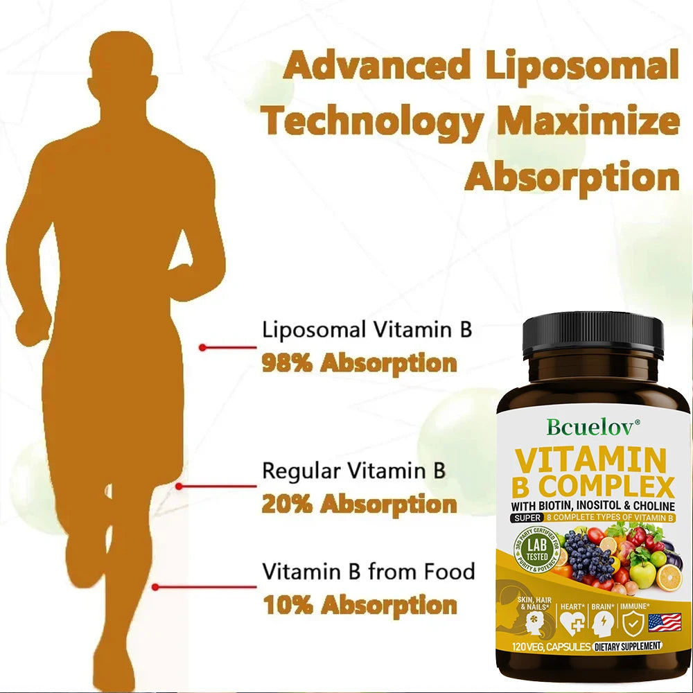 Complexe de Vitamines B - B1 B2 B3 B5 B6 B7 B9 B12 Biotine Choline Niacine - Cerveau, Peau, Cheveux, Système Nerveux, Immunité, Métabolisme